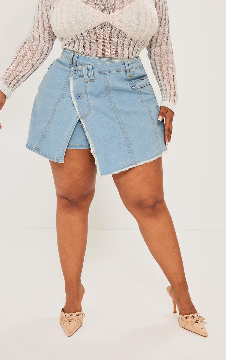 Plus Light Blue Wash Denim Wrap Shorts Product Image