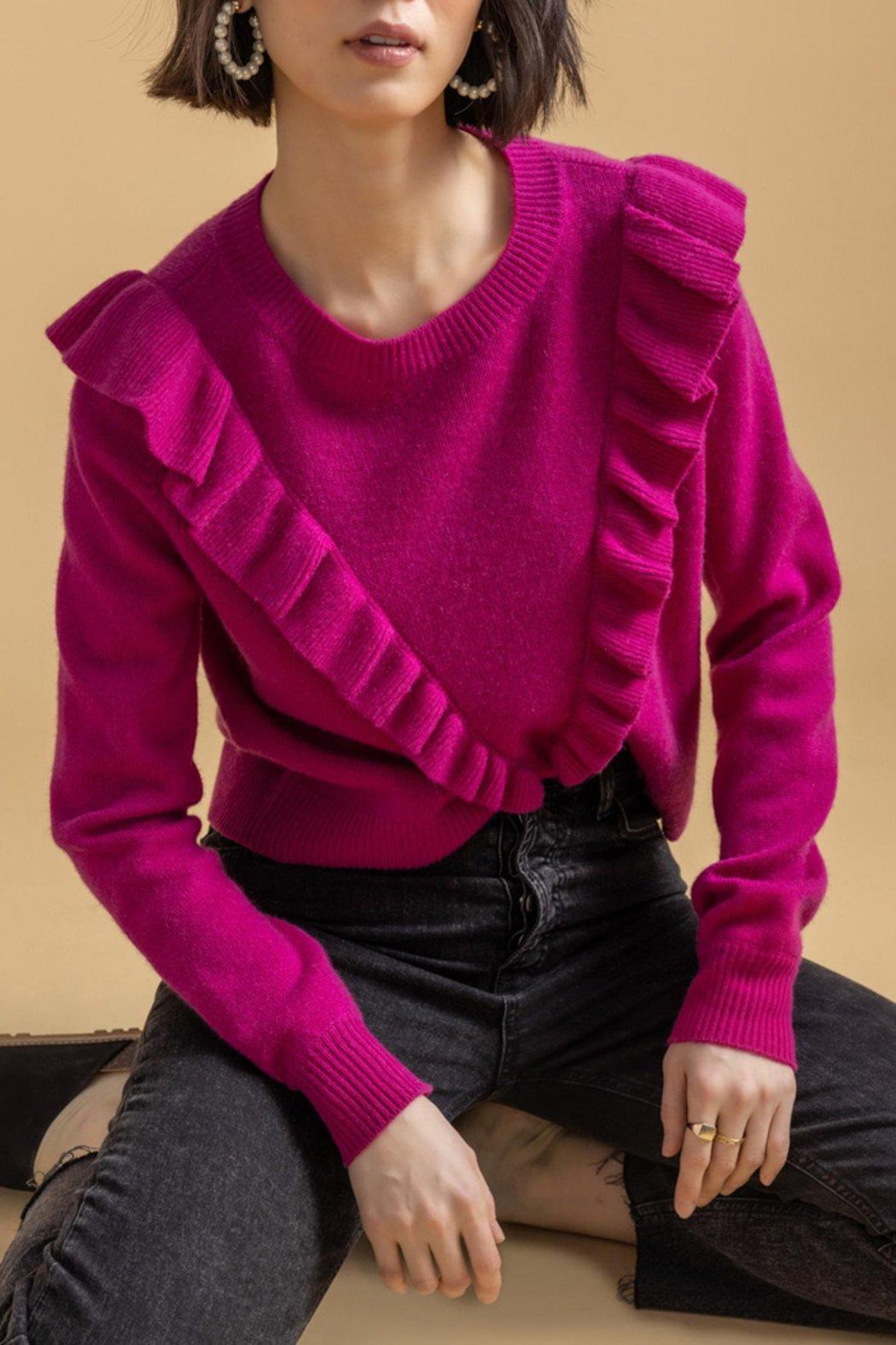 Ruffle Front Pullover Sweater Product Image