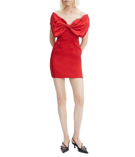 Bardot Off-the-Shoulder Bow Front Satin Mini Dress Product Image