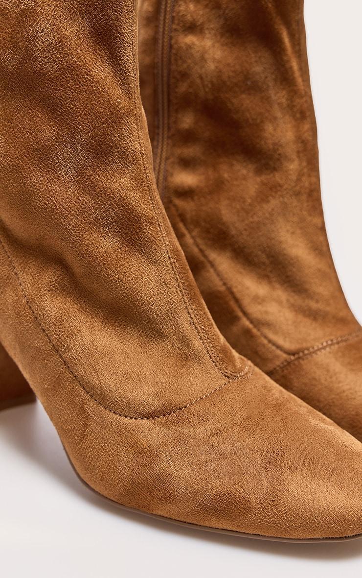 Tan Faux Suede Round Toe Heeled Ankle Sock Boots Product Image