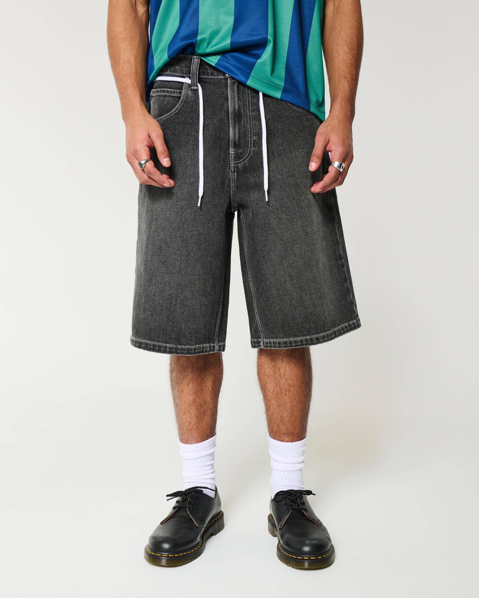 Below-the-Knee Washed Black Super Baggy Denim Shorts Product Image
