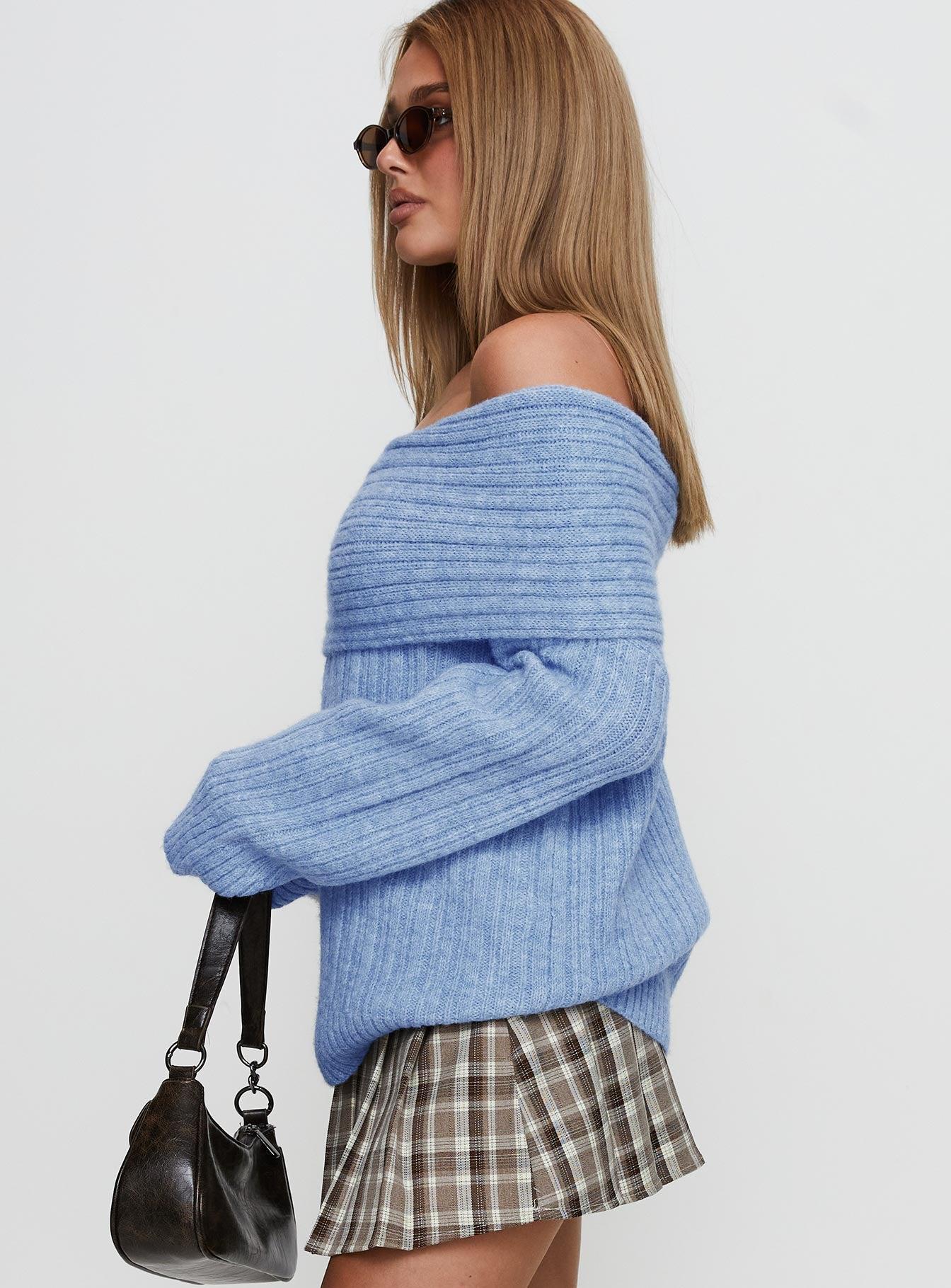 Snowie Off Shoulder Knit Sweater Blue Product Image