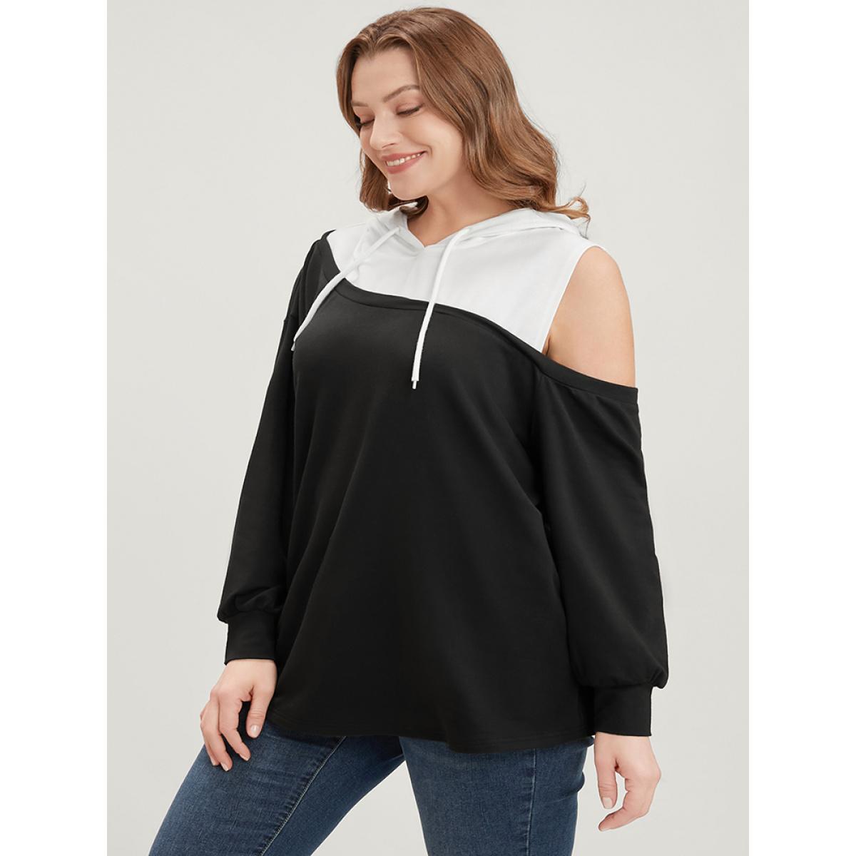 Plus Size Colorblock Contrast Drawstring Cut Out Sweatshirt Women Black Casual Contrast Hooded Dailywear Sweatshirts BloomChic 14-16/1X Product Image