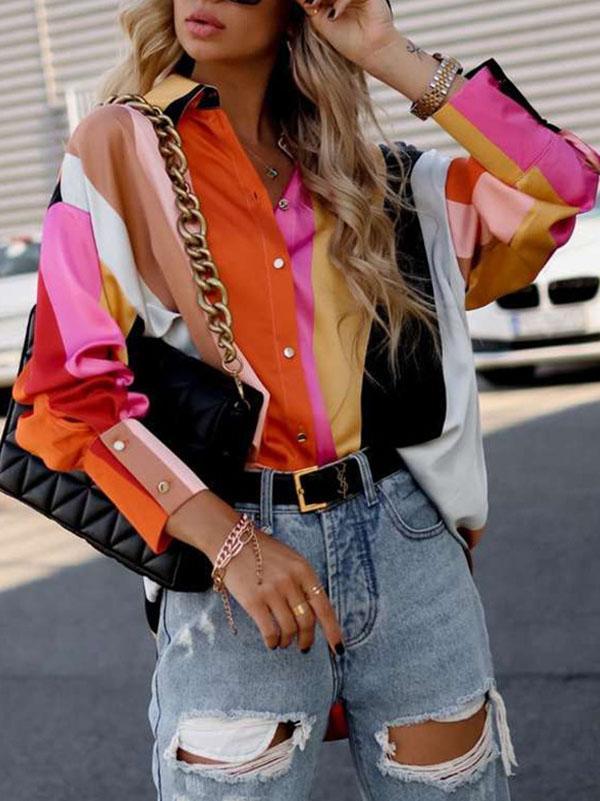 Long Sleeves Loose Contrast Color Printed Lapel Blouses Product Image