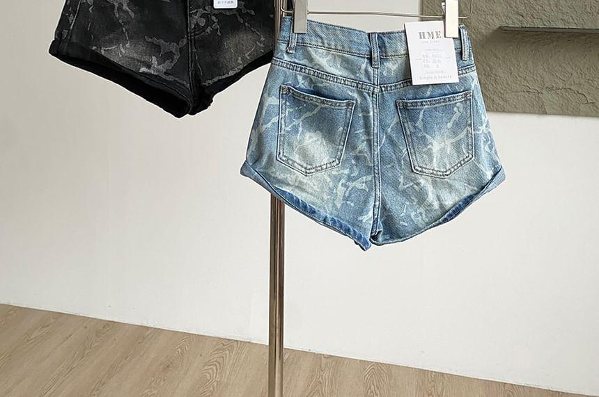 High Waist Washed Denim Shorts Product Image