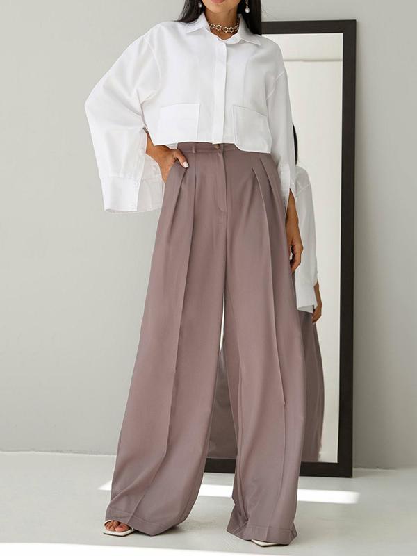 High Waisted Loose Pleated Solid Color Split-Joint Suit Pants Trousers Product Image