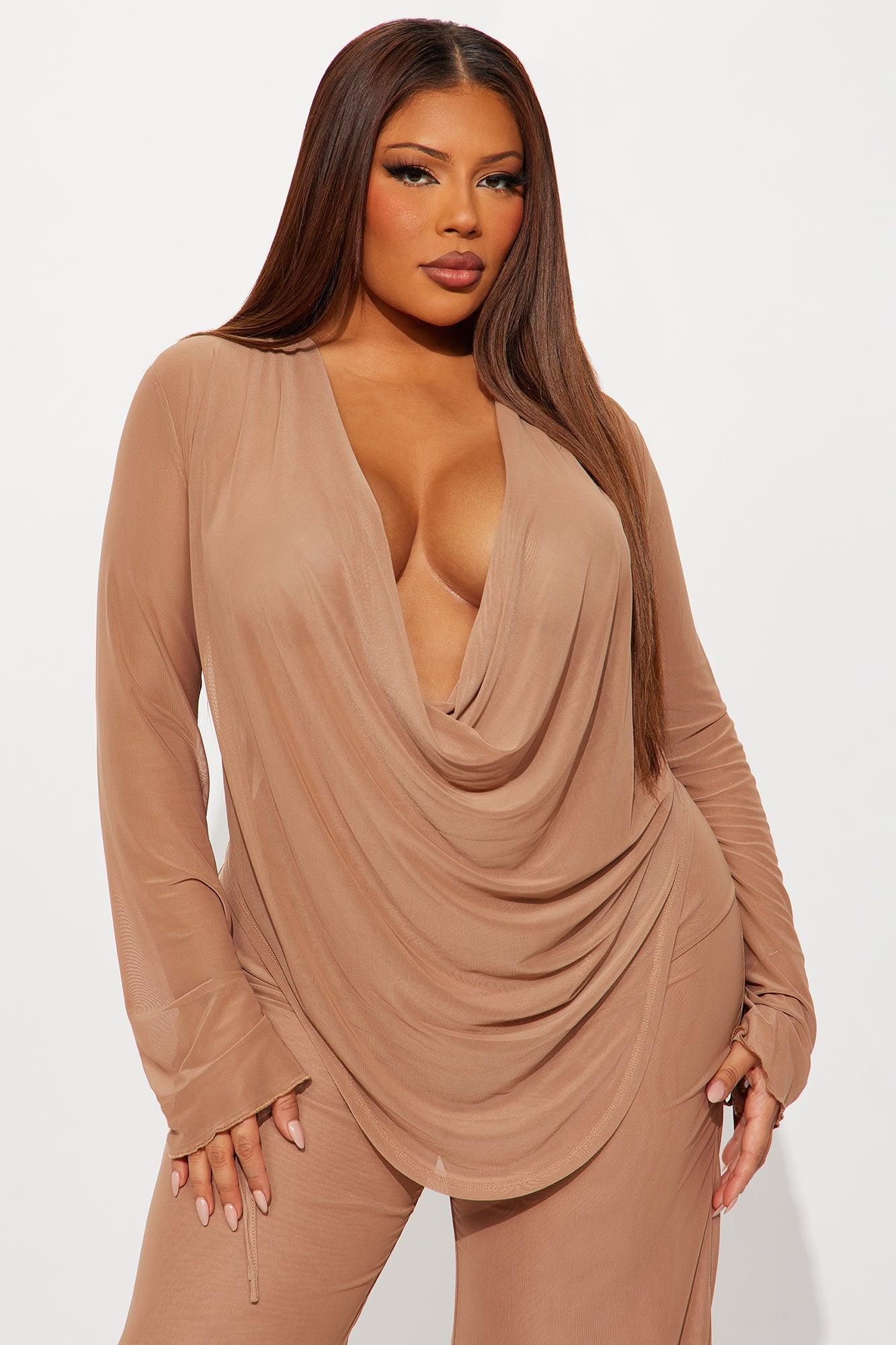 Silent Muse Cowl Neck Mesh Pant Set - Mocha Product Image