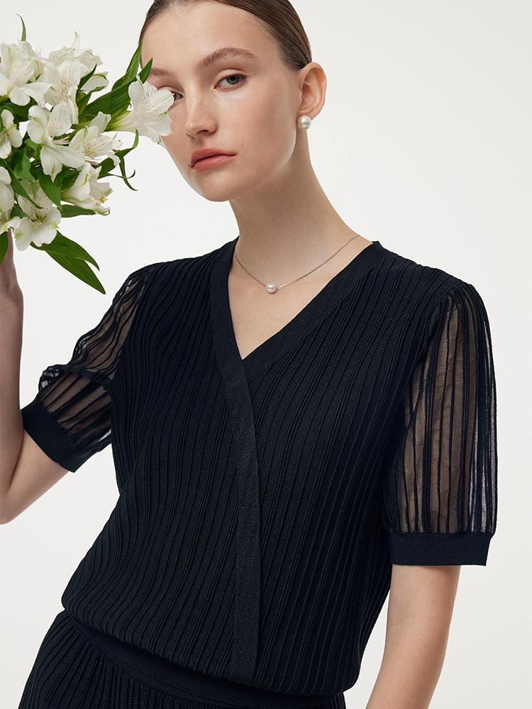 Slanted Placket Knit Top And A-Line Pleated Skirt Two-Piece Set Product Image