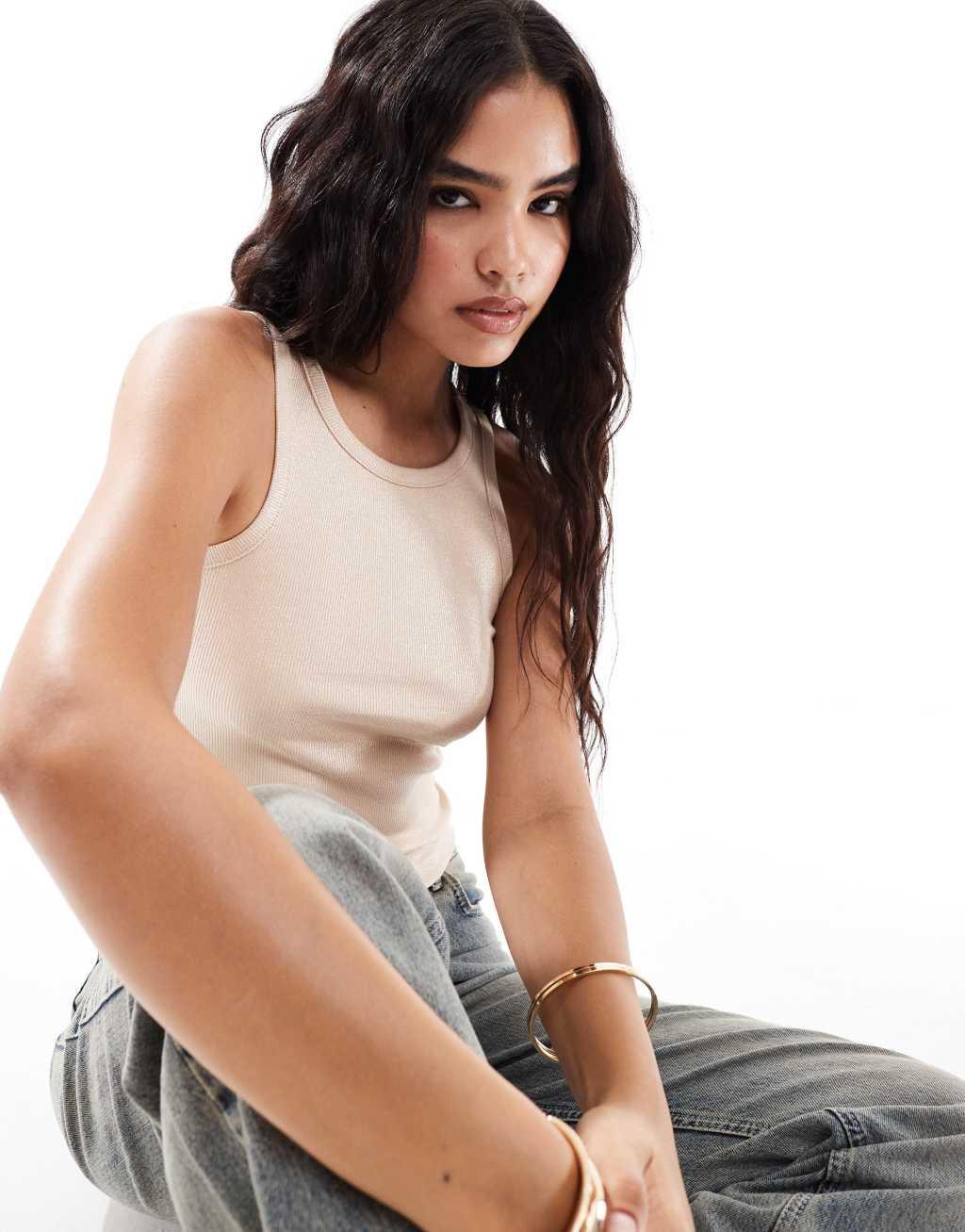 Vero Moda coated metallic tank top in cream Product Image