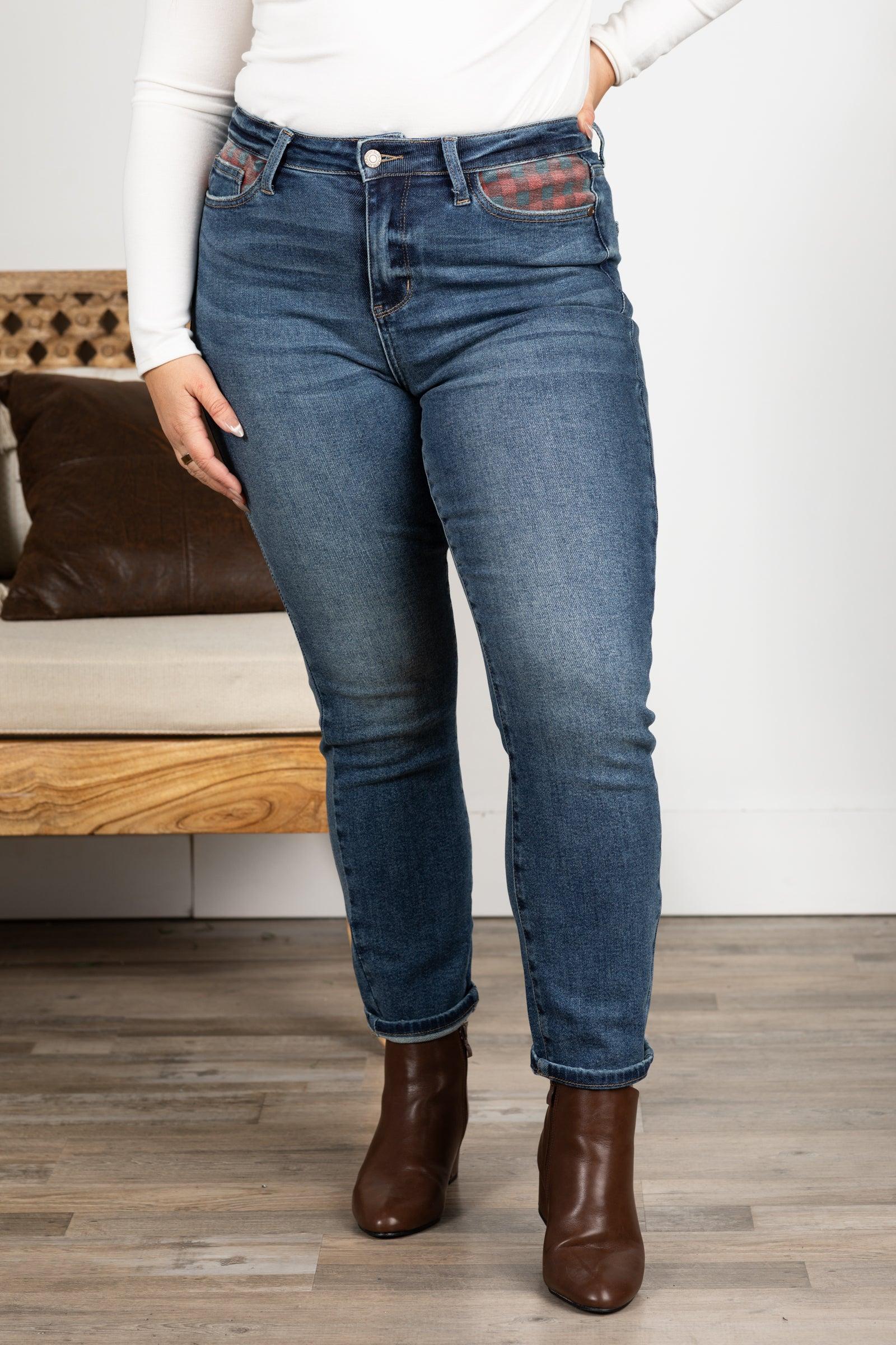 Judy Blue Medium Wash Plaid Patch Slim Jeans Product Image