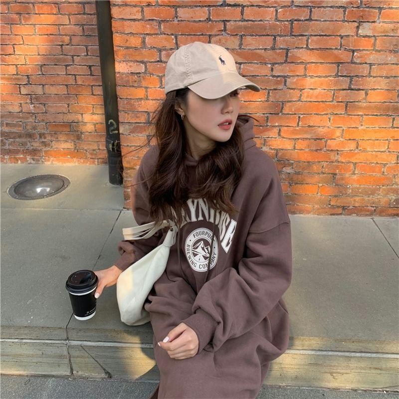 Long Sleeve Lettering Print Slit Fleece-Lined Midi A-Line Hoodie Dress Product Image