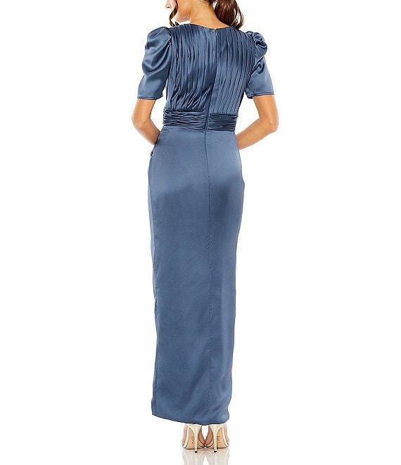 Mac Duggal Charmeuse High Neck Puff Sleeve Pleated Bodice Draped Sheath Gown Product Image