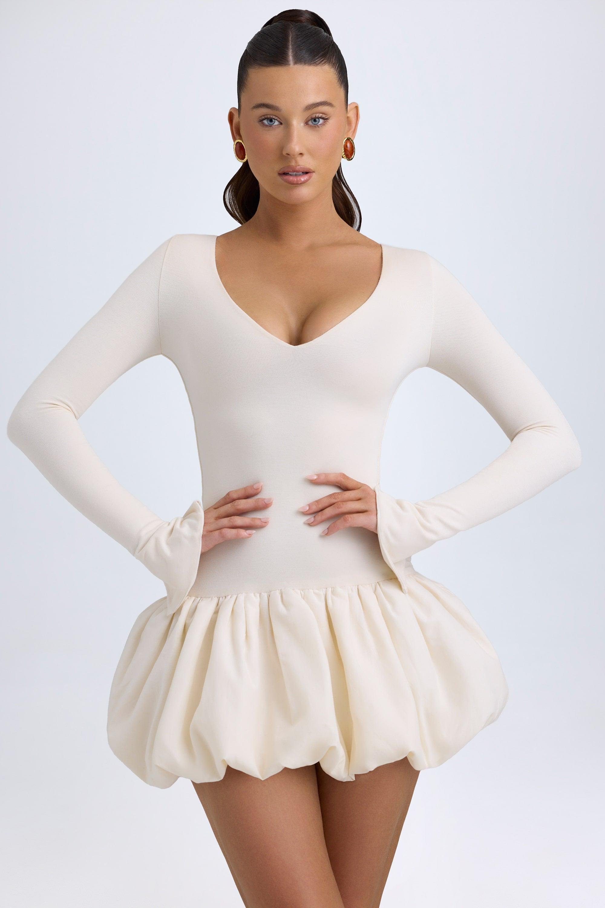 Modal Drop-Waist Bubble Hem Mini Dress in Ivory Product Image