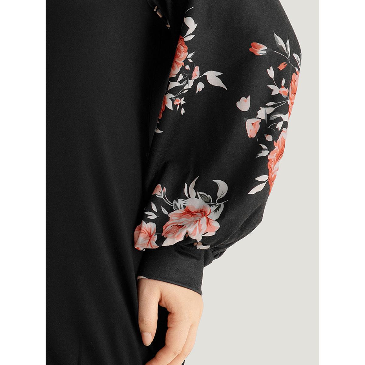Plus Size Floral Print Raglan Sleeve Patchwork Sweatshirt Women Black Elegant Printed Round Neck Everyday Sweatshirts BloomChic 22-24/3X Product Image