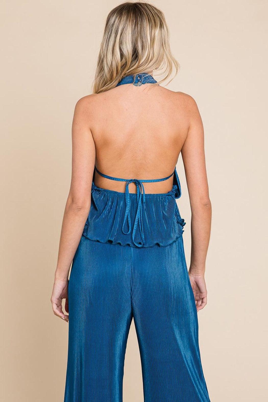 Pleated Backless Halter Tank & Wide Leg Pants Sets Product Image