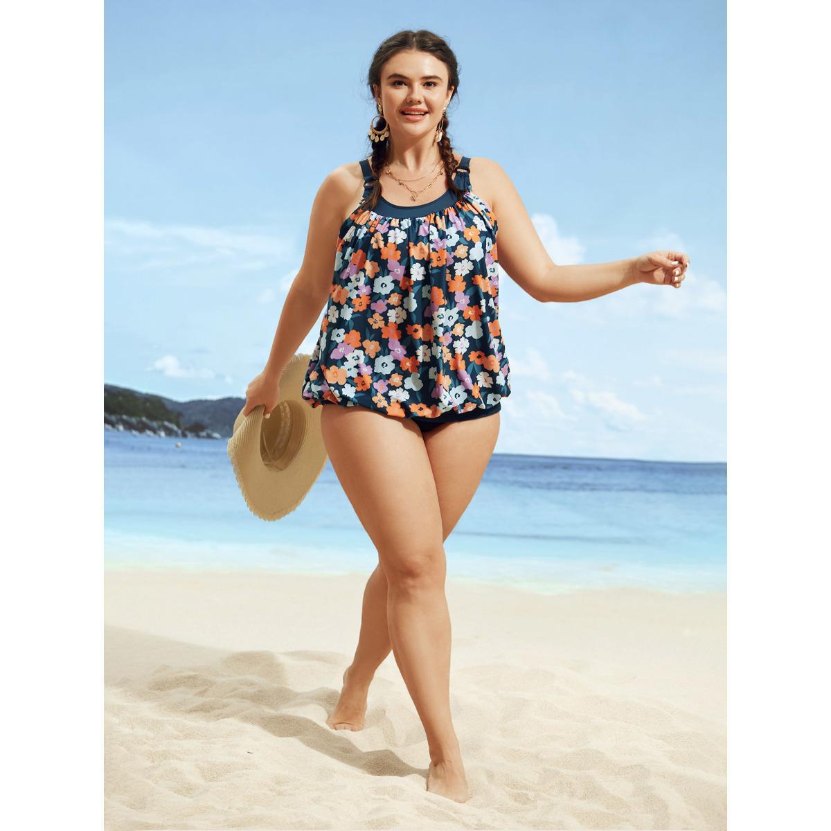 Plus Size Floral Patchwork Round Buckle Detail Swim Top Women's Swimwear Indigo Beach Contrast High stretch Bodycon Heart neckline Curve Swim Tops BloomChic 18-20/2X Product Image