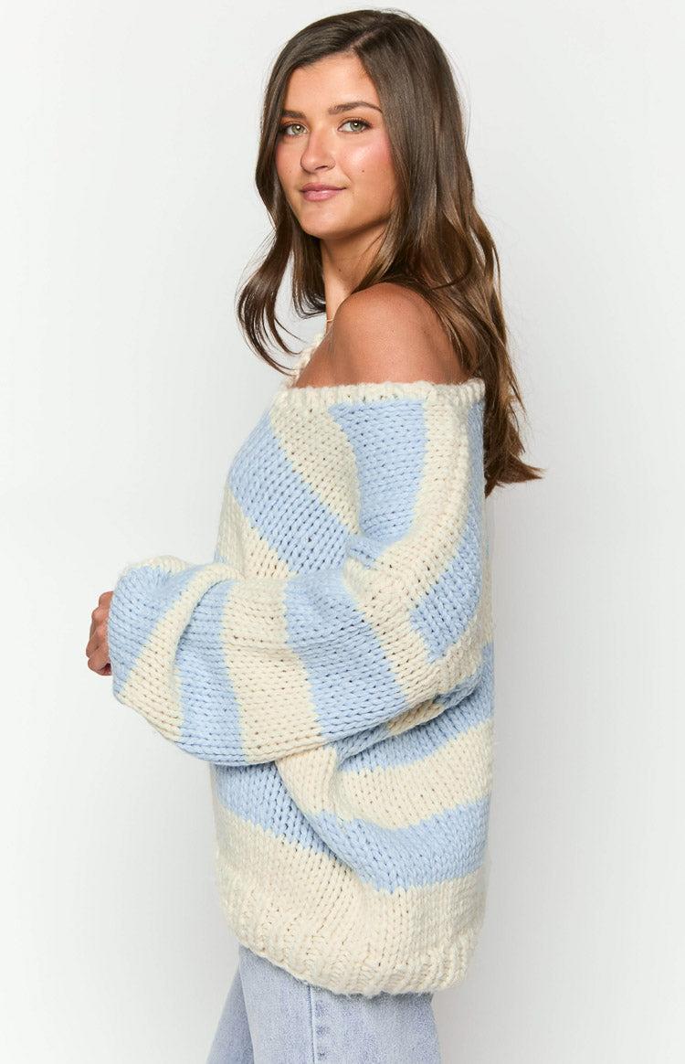 Delvey Light Blue Striped Chunky Knit Sweater Product Image