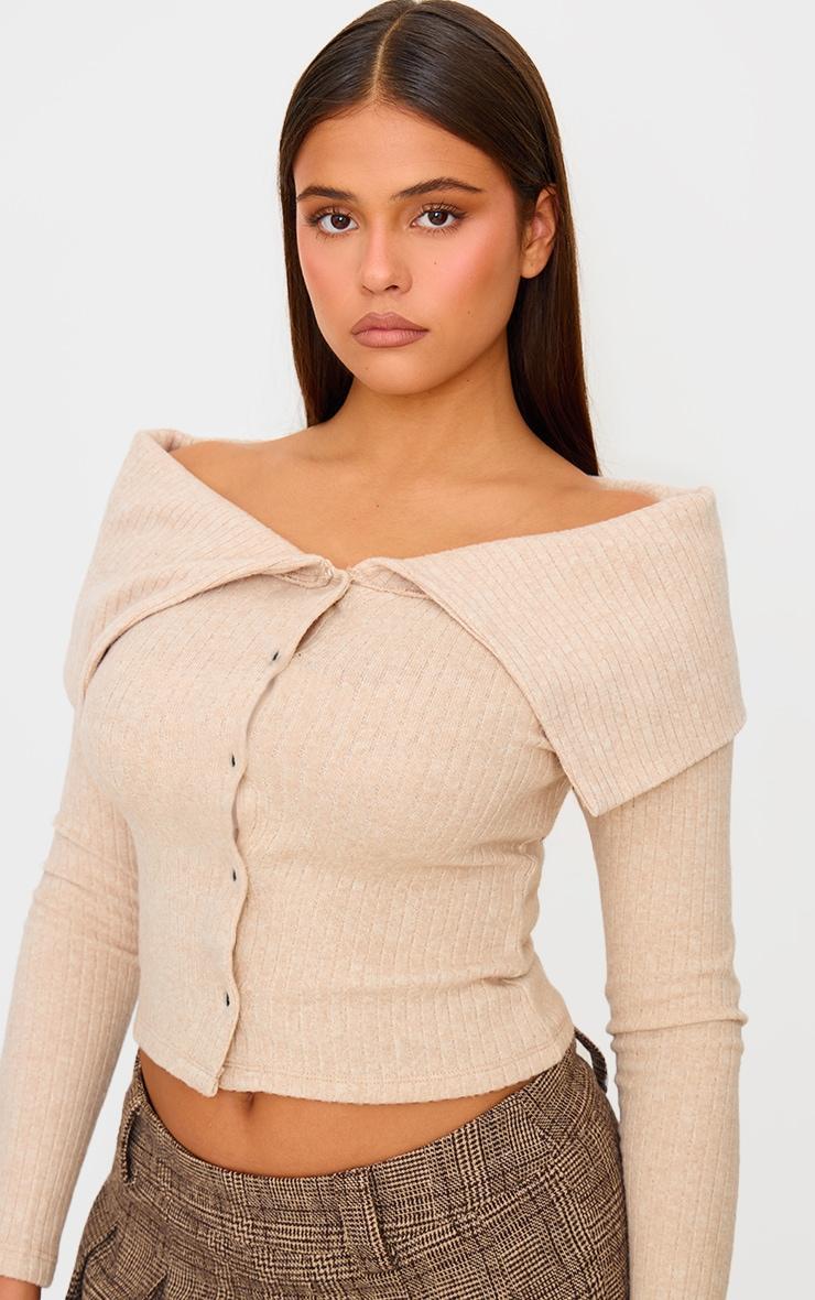 Cream Brushed Rib Fold Over Popper Detail Long Top Product Image