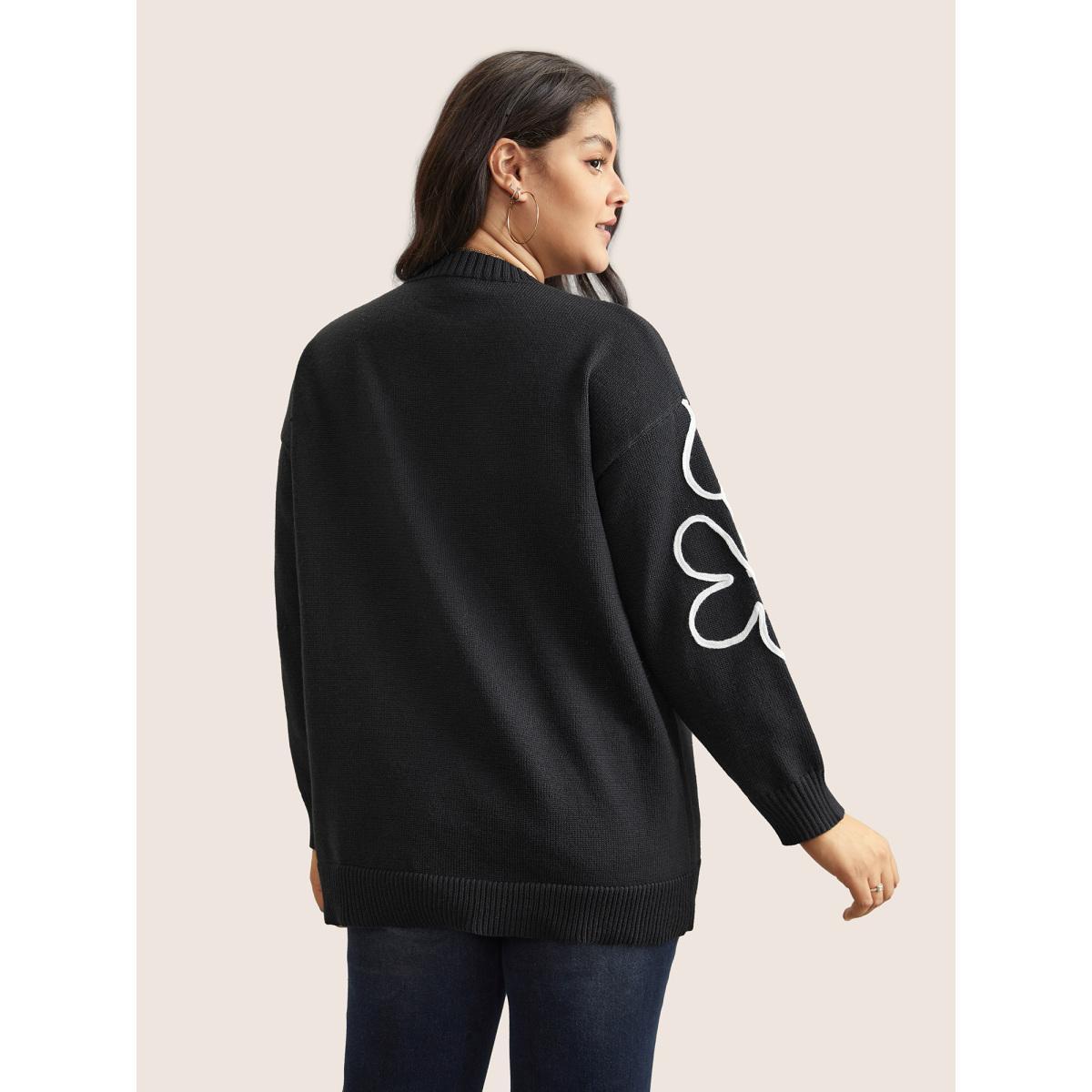 Plus Size Supersoft Essentials Floral Embroidered Crew Neck Pullover Black Women Casual Loose Long Sleeve Round Neck Everyday Pullovers BloomChic 30/6X Product Image