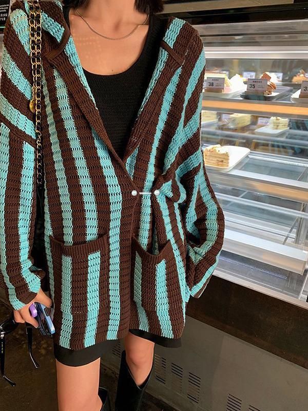 Knit Contrast Color Stripe Hooded Cardigan Product Image