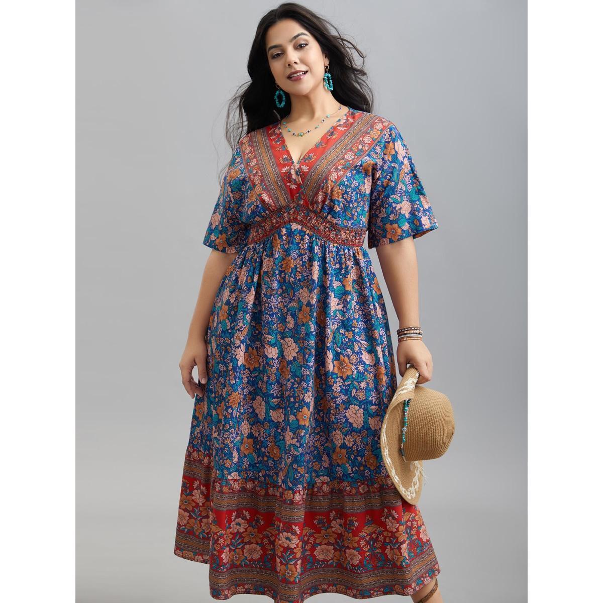 Plus Size Boho Print Ruffled Shirred V-Neck Maxi Dress Mediumblue Women Resort Shirred Overlap Collar Half Sleeve Curvy BloomChic 18-20/2X Product Image
