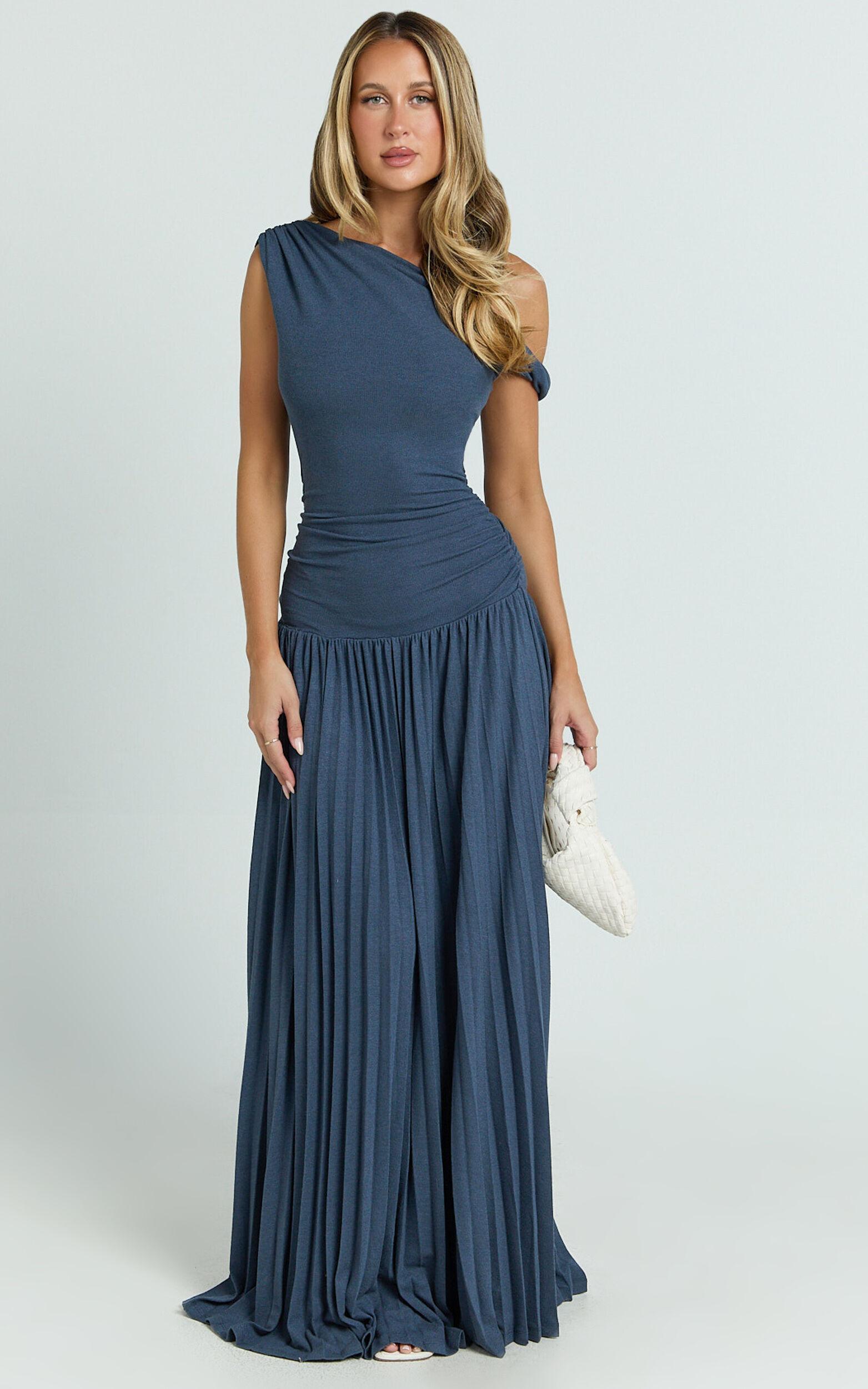 Yvonne Maxi Dress - Jersey Tip Shoulder Ruched Dress in Navy Product Image