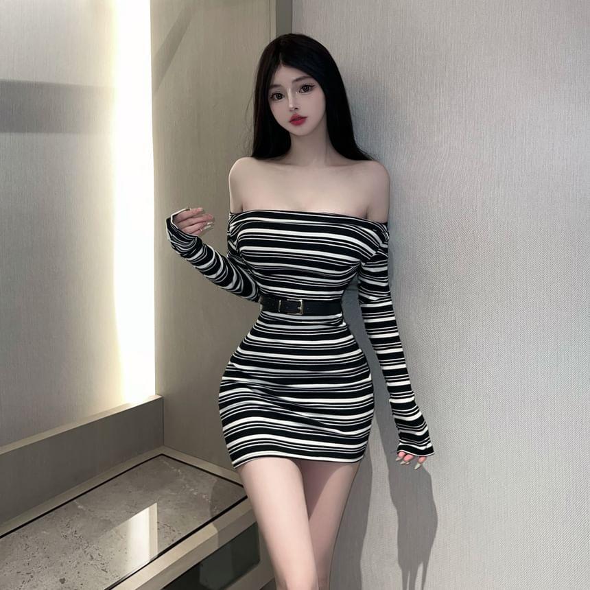 Long Sleeve Off Shoulder Striped Mini Sheath Dress Product Image