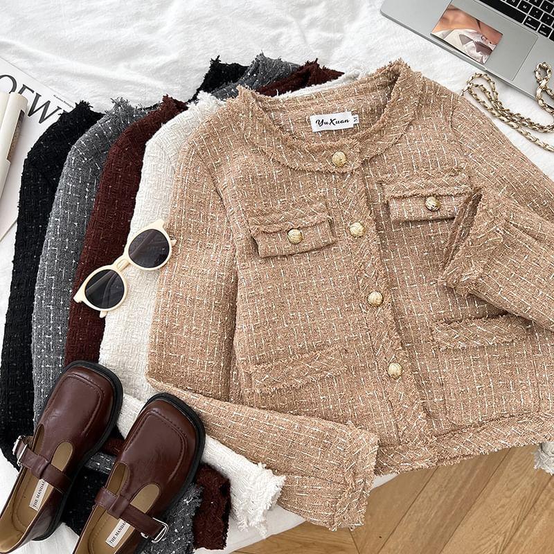 Crew Neck Button-Up Tweed Crop Jacket Product Image