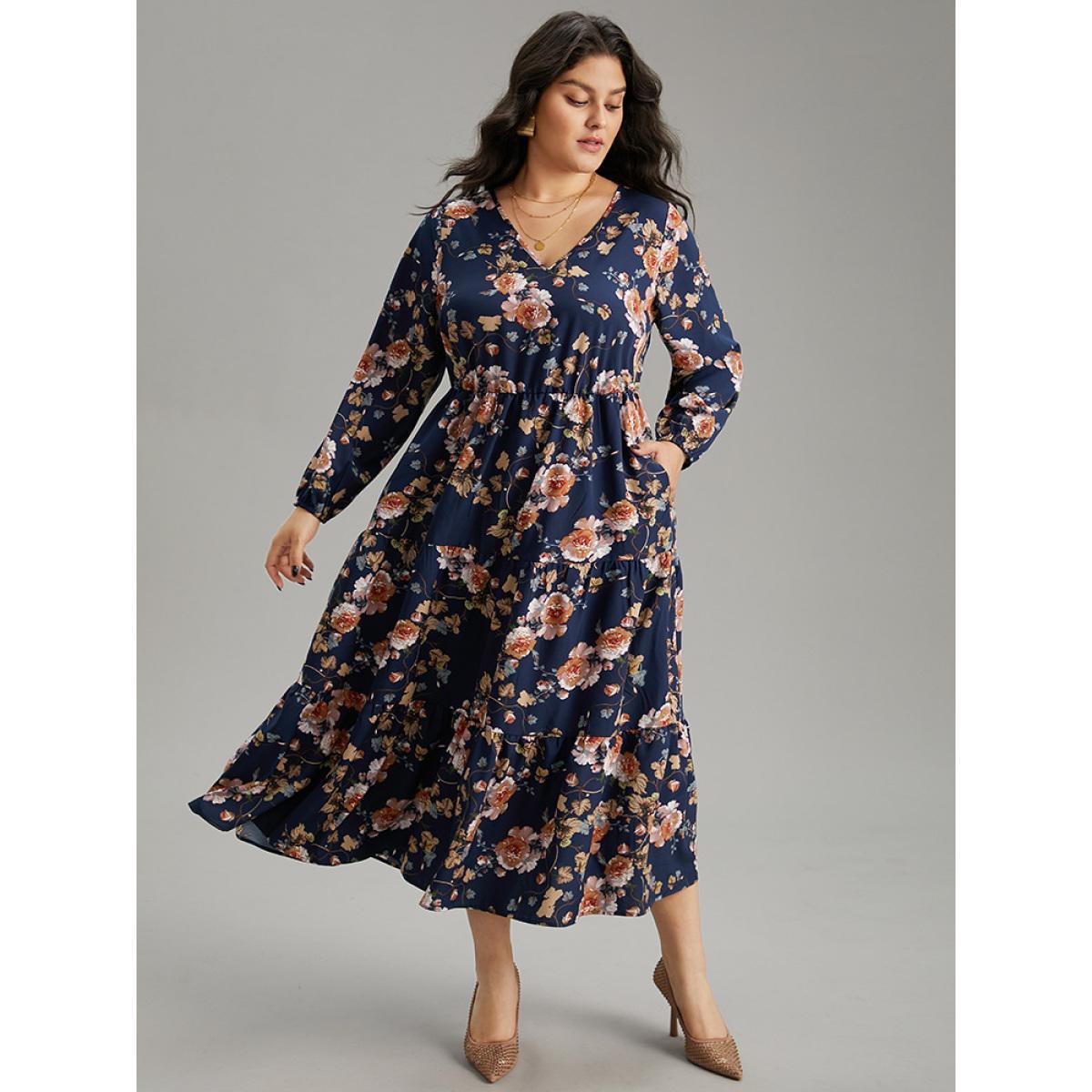 Plus Size Floral Print Pocket Elastic Waist V Neck Dress DarkBlue Women Elegant Elastic cuffs V-neck Long Sleeve Curvy Midi Dress BloomChic 12/L Product Image