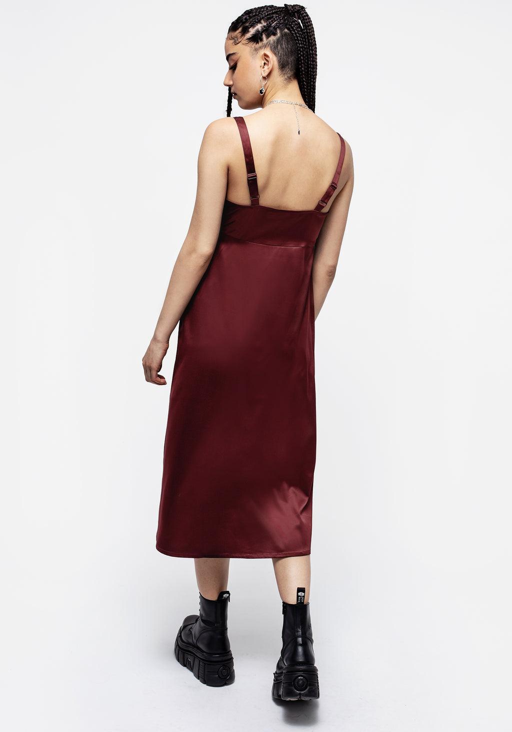 Medeina Lace Trim Satin Midi Slip Dress - Red Product Image