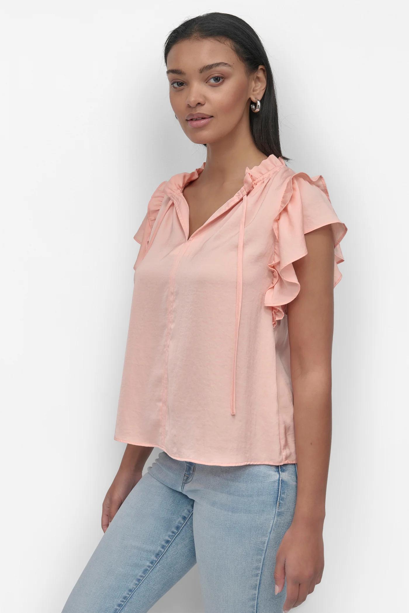 RUFFLE NECK TOP WITH FLUTTER SLEEVES Product Image