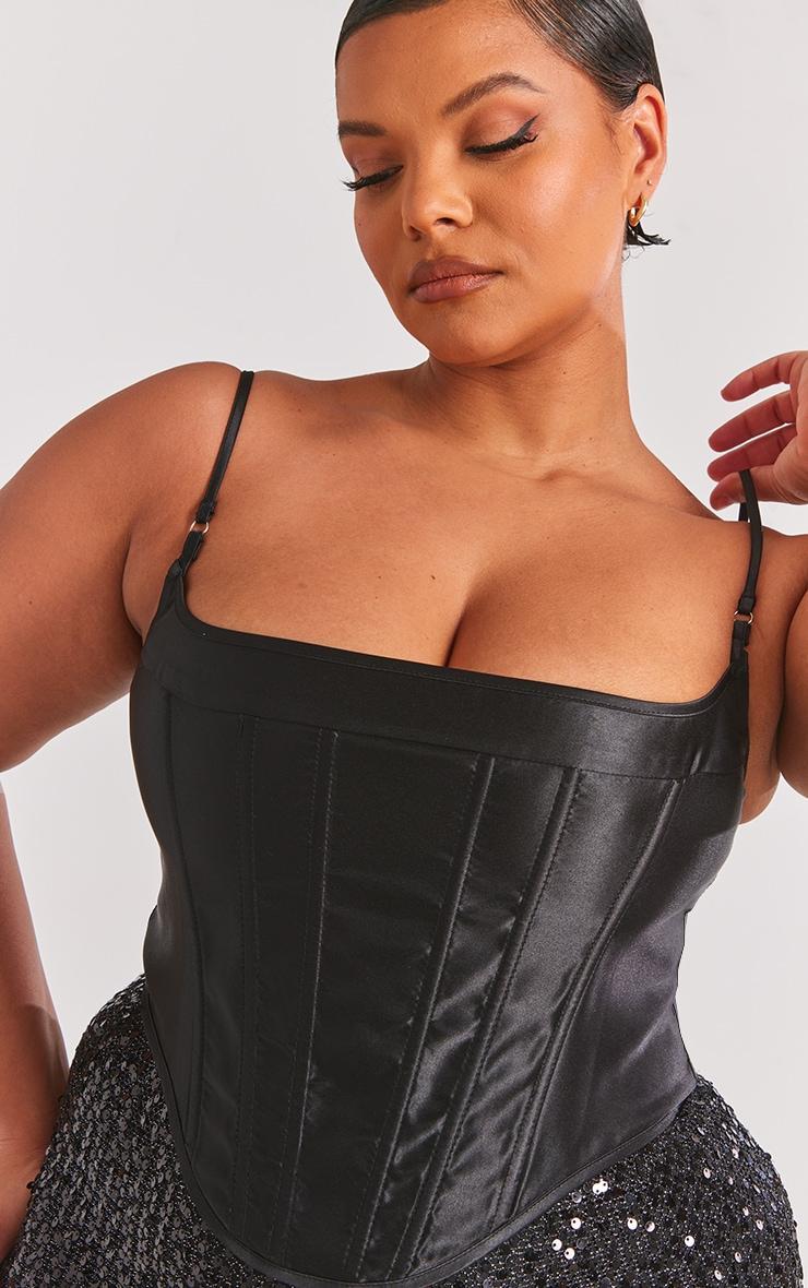 Plus Black Structured Satin Strappy Corset Product Image