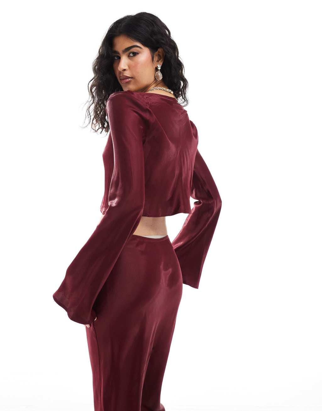 ASOS DESIGN satin slash neck crop blouse in burgundy - part of a set Product Image