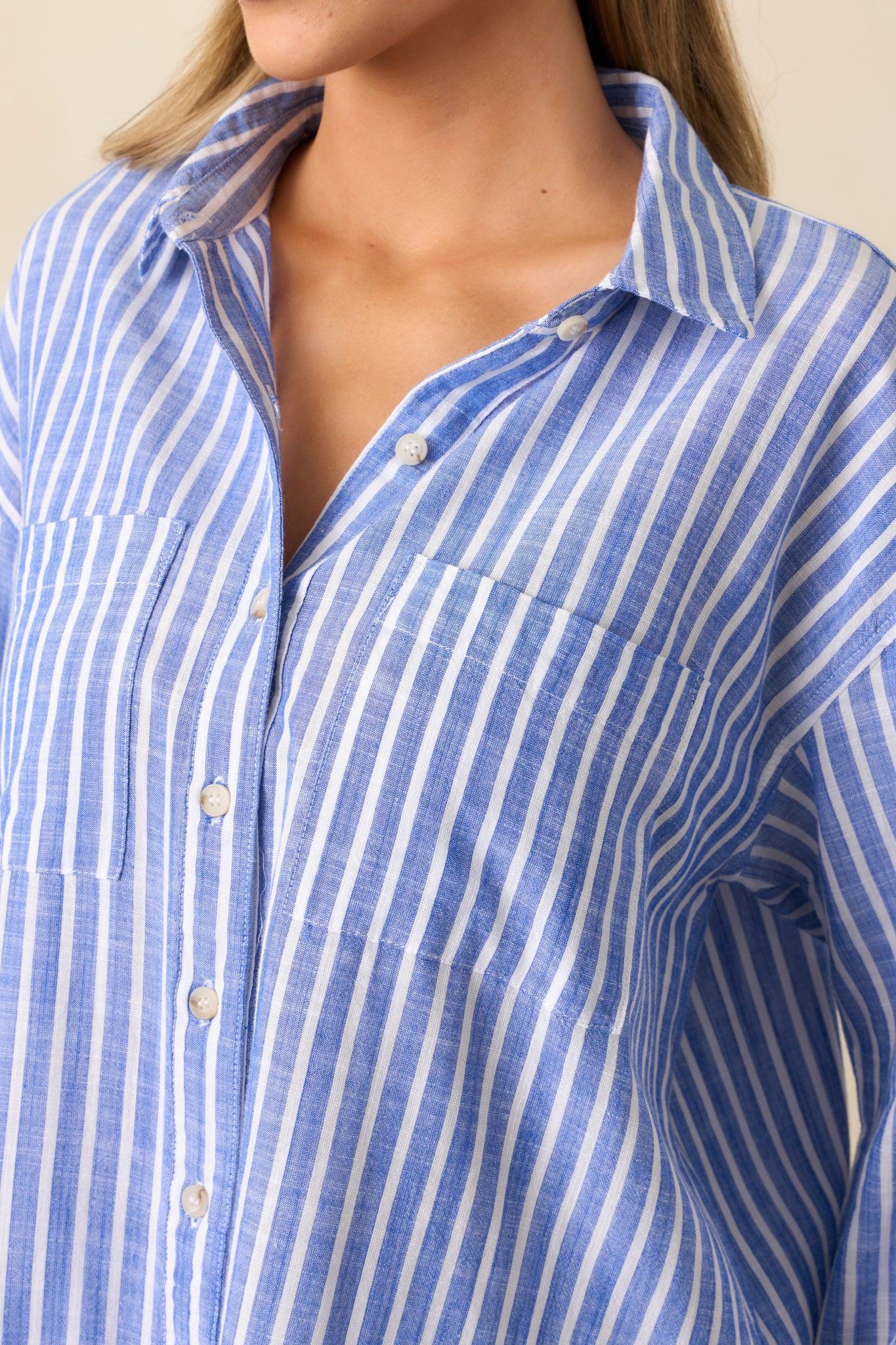 Coastline Cruise Blue Stripe Chambray Button Front Top Product Image