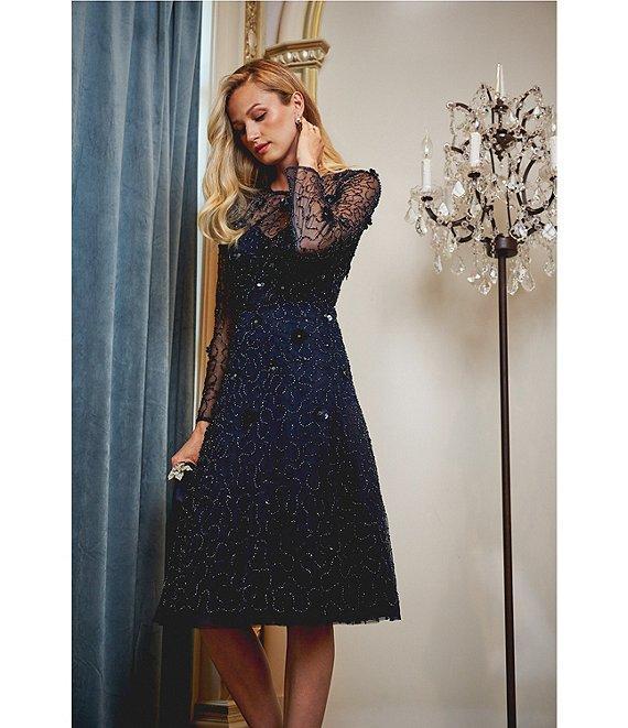 Adrianna Papell 3D Beaded Mesh Long Sleeve Midi Length Product Image