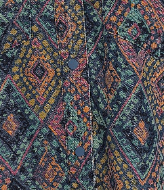 Intro Lyocell Geo Print Collared Long Roll-Tab Sleeve Snap-Front Shirt Product Image