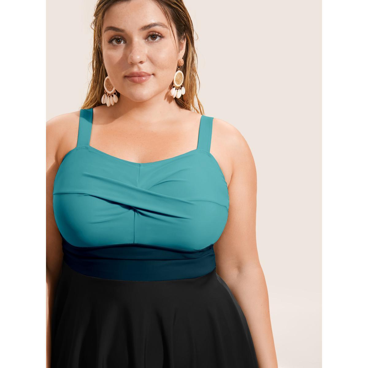 Plus Size Twist Front Patchwork Adjustable Straps Swim Dress Women's Swimwear Teal Beach Bodycon Heart neckline High stretch Curve Swim Dresses BloomChic 12/L Product Image