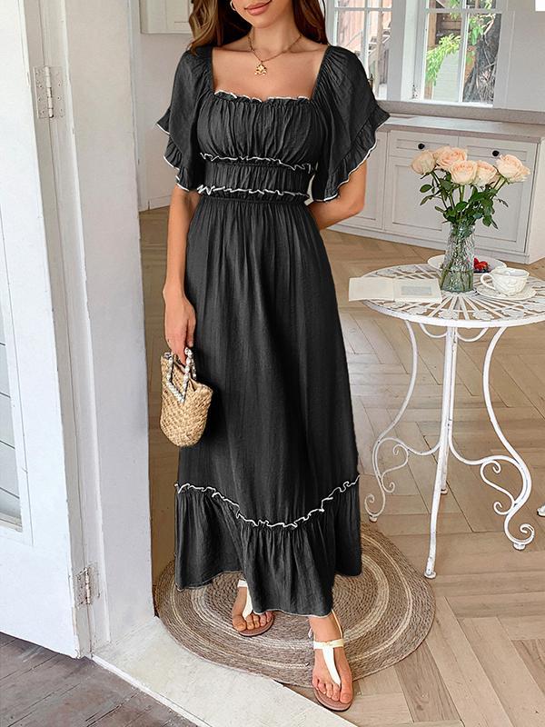 A-Line High Waisted Pleated Ruffle Trim Split-Joint Zipper Square-Neck Midi Dresses Product Image