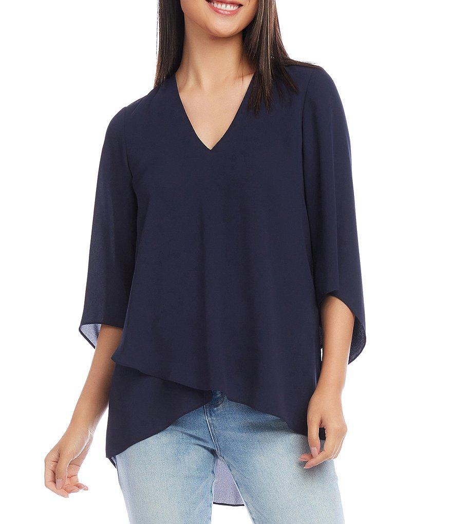 Karen Kane V-Neck 3/4 Sleeve Crossover Hem Silky Crepe Top Product Image