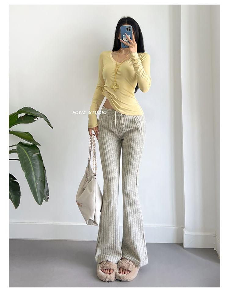 Drawstring Waist Plain Ribbed Flared Pants Product Image