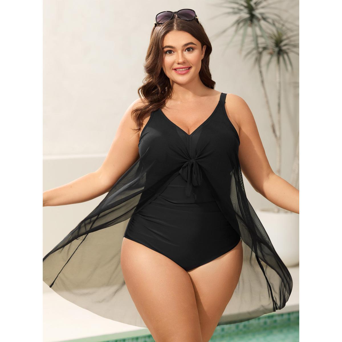 Plus Size Knotted Front Extra Coverage One-Piece Swimsuit Women's Swimwear Black Beach Tie knot Curve Bathing Suits High stretch One Pieces BloomChic 14-16/1X Product Image