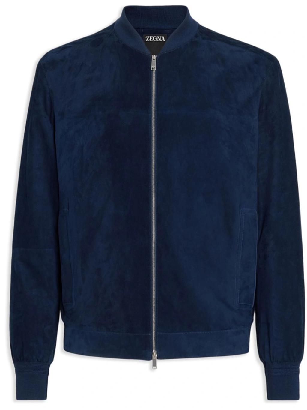 ZEGNA Suede Bomber Jacket In Utility Blue Product Image