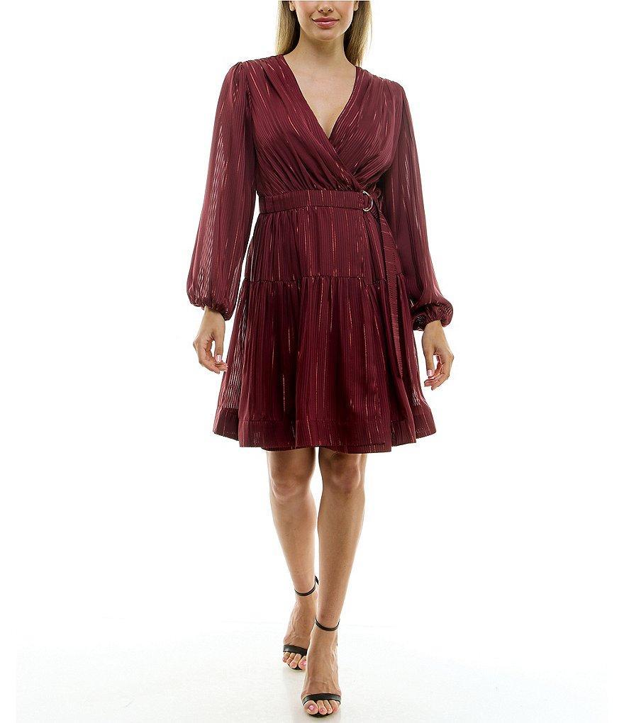 Taylor Lurex Shadow Stripe Surplice V-Neck Long Sleeve Wrap Dress Product Image