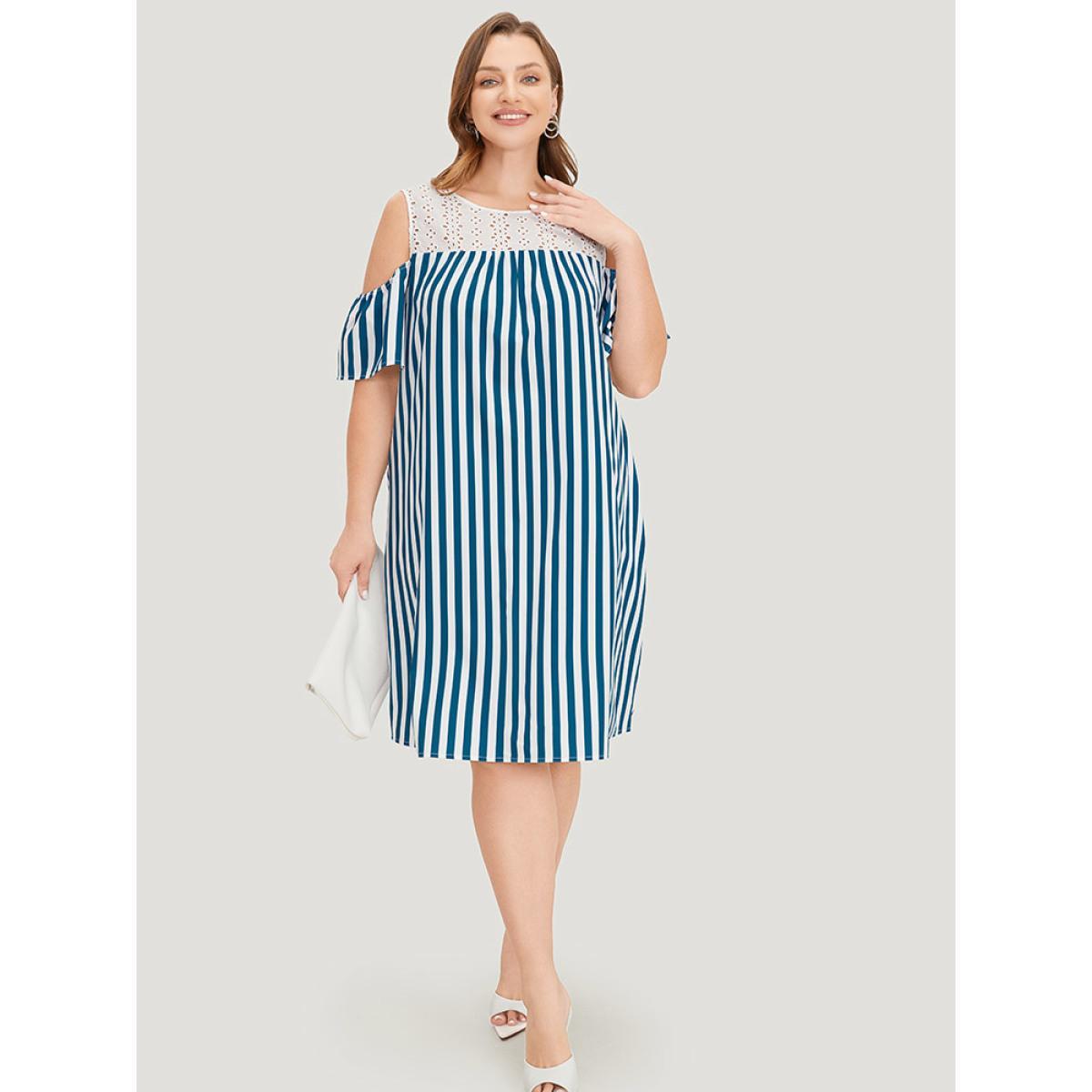 Plus Size Laser Cut Pocket Striped Patchwork Keyhole Dress Aegean Women Office Patchwork Round Neck Short sleeve Curvy Knee Dress BloomChic 18-20/2X Product Image