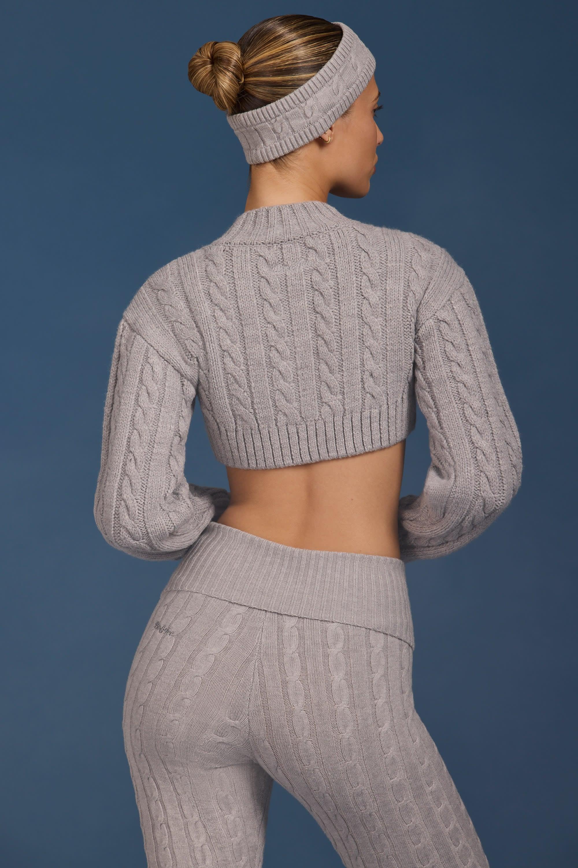 Cable-Knit Cropped Cardigan in Grey Marl Product Image