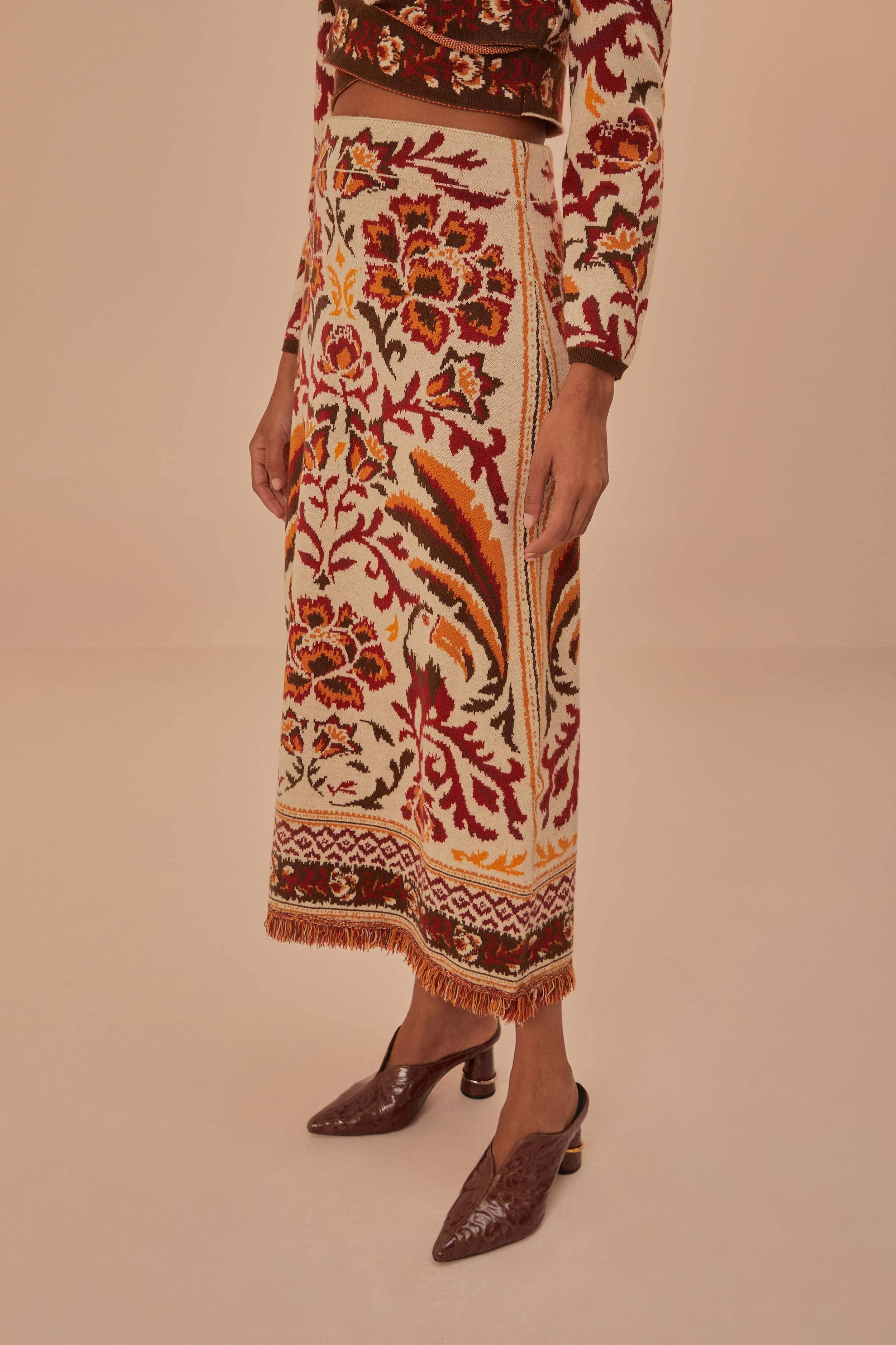 Cream Toucans Scarf Knit Midi Skirt Product Image