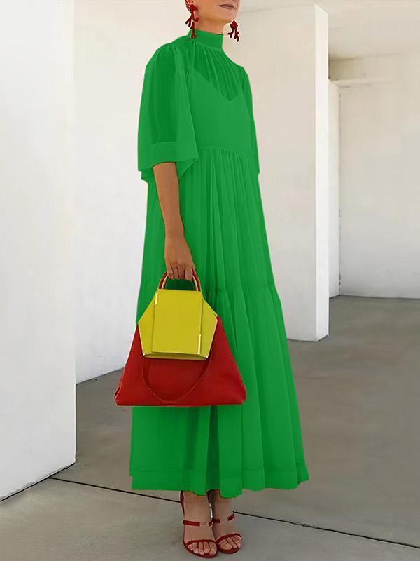 Loose Plus Size Solid Color Split-Joint Inner Dress + Mesh Pleated Mock Neck Outer Dress Two Pieces Set Product Image