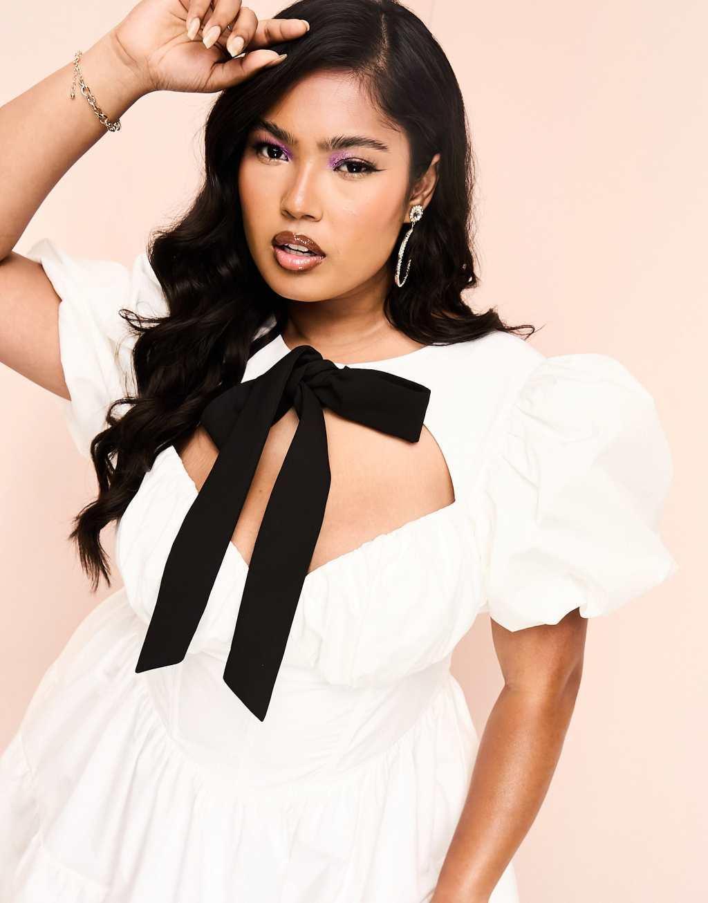 ASOS LUXE Curve corseted cotton poplin mini dress with contrast velvet pussybow and puff sleeve Product Image