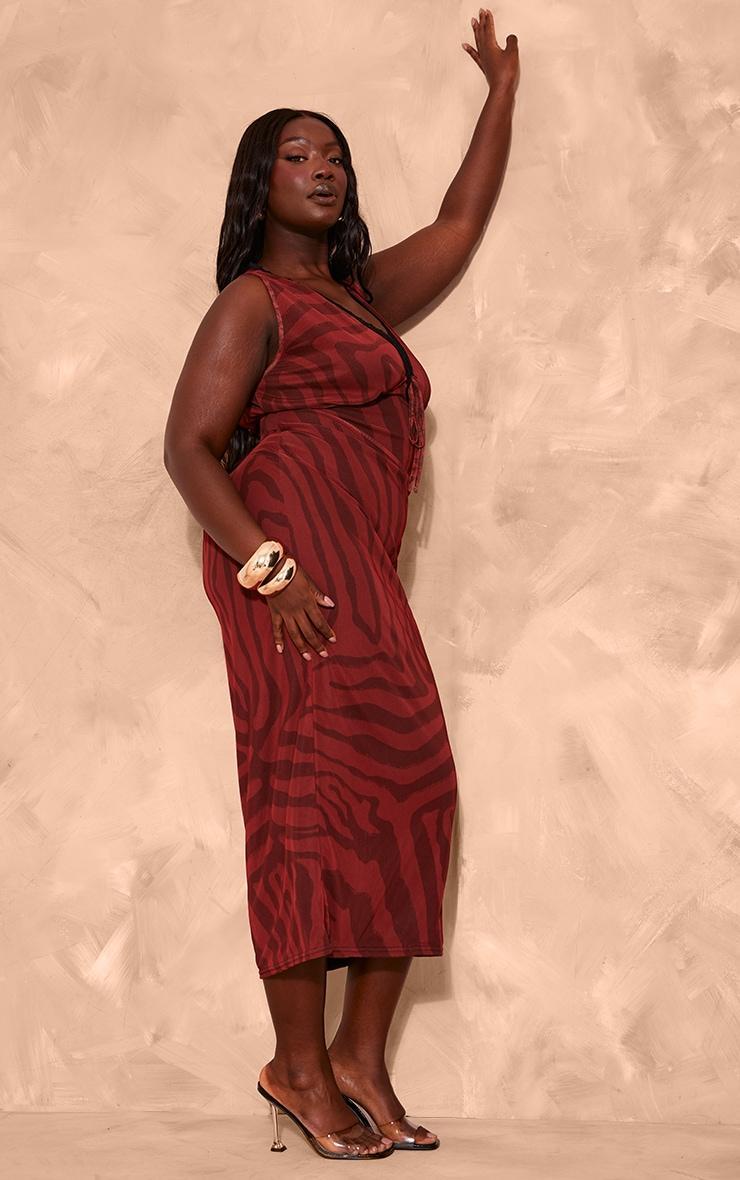 Plus Dark Red Zebra Print Lace Trim Maxi Dress Product Image