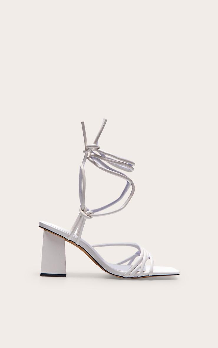 White Pu Square Toe Strappy Low Block Heeled Sandals Product Image